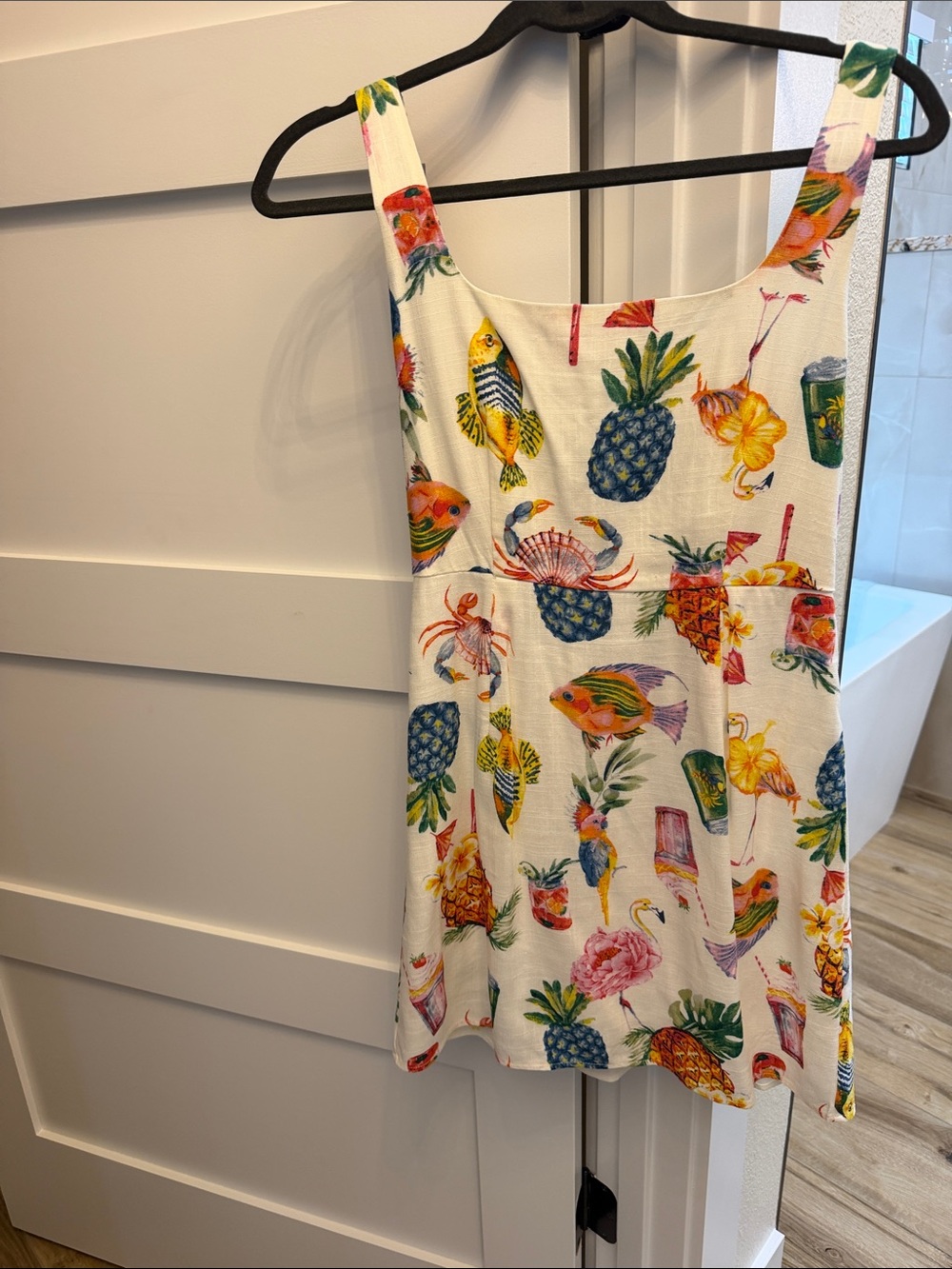 White Tropical Print Mini Dress with Pineapple & Fish -  Summer Slip Dress